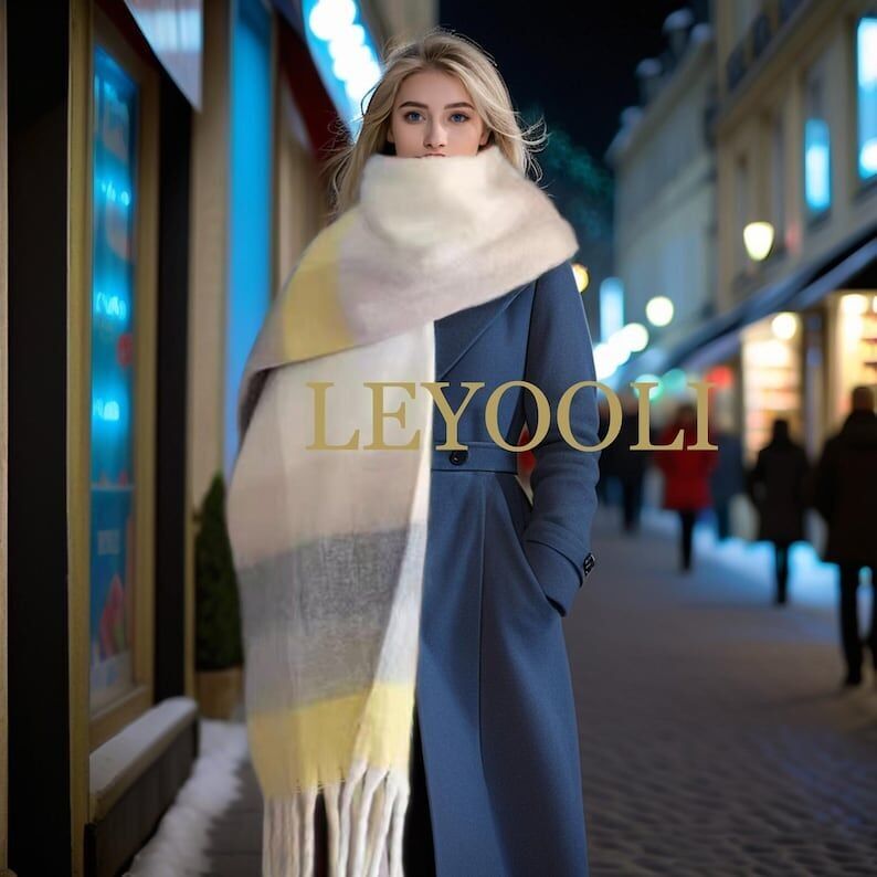 Bufanda de mohair a cuadros amarilla, chal con borlas de invierno