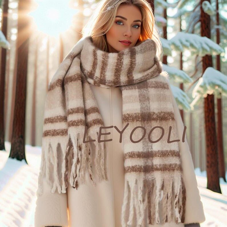 Bufanda de mohair tejida a mano con cuadros café | Chal vintage con flecos