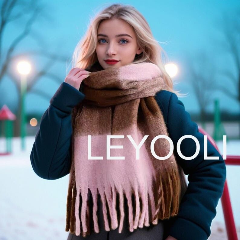 Bufanda de mohair a cuadros, bufanda con borlas marrón y rosa, moda de invierno