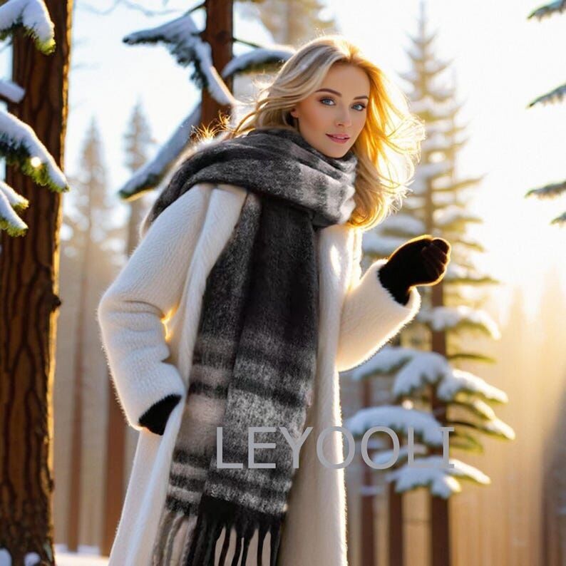 Bufanda de invierno de mohair a cuadros: bufanda extra larga con flecos
