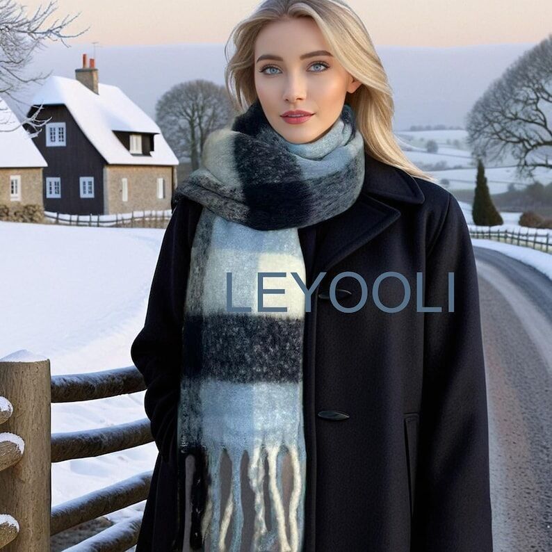 Bufanda de mohair a cuadros con degradado azul: chal de lana de invierno con borlas