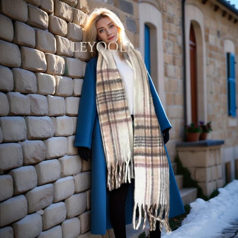 Bufanda de mohair a cuadros marrón con borlas, chal cálido de invierno