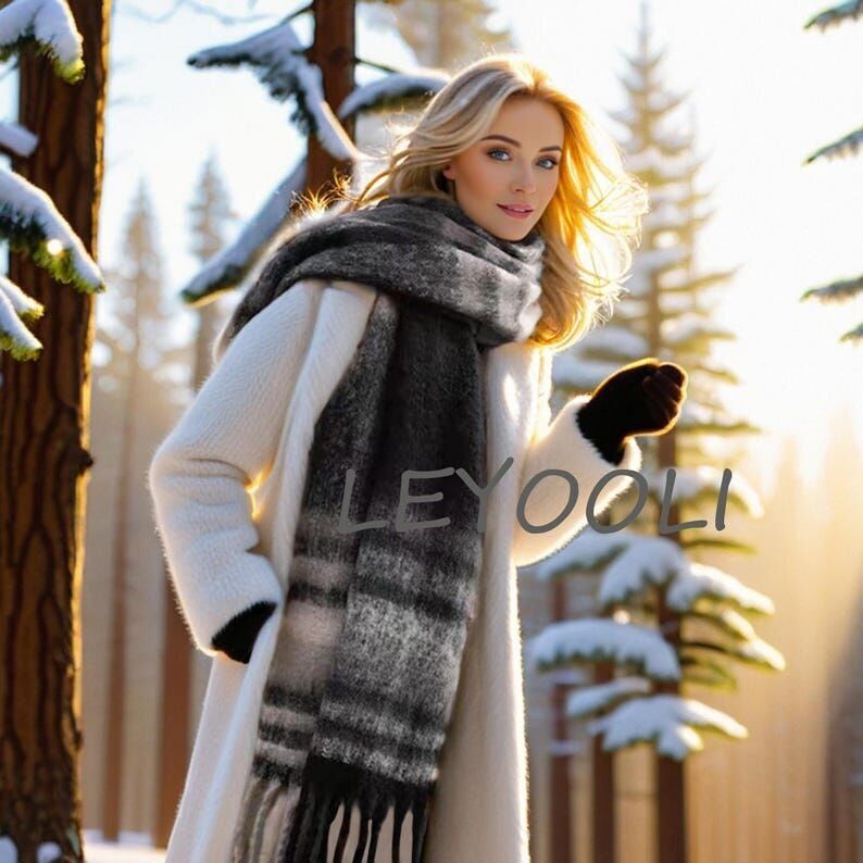 Bufanda de mohair a cuadros tejida a mano | Chal de invierno gris y negro