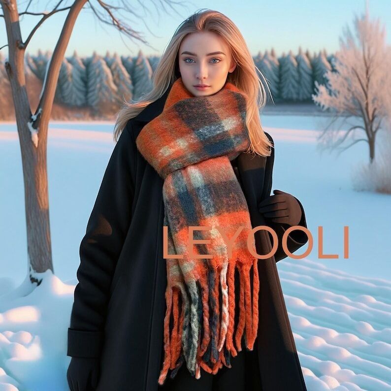 Bufanda de mohair a cuadros naranja: chal reversible de invierno