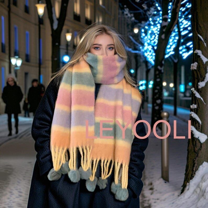 Bufanda de mohair arcoíris, bufanda de invierno a rayas, flecos de bolas de pelo