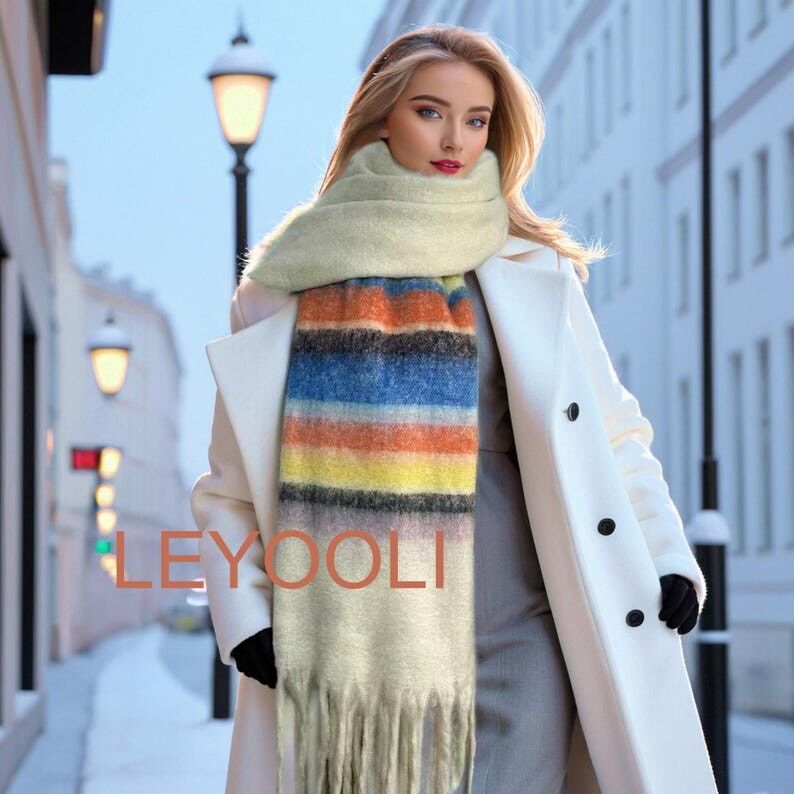 Bufanda de mohair con rayas arcoíris, chal cálido de invierno, bufanda de felpa con flecos