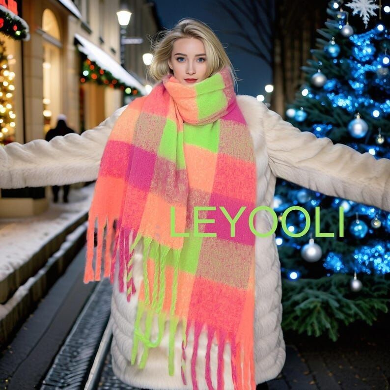 Bufanda de mohair tejida a mano, cuadros fluorescentes, cálida bufanda de invierno