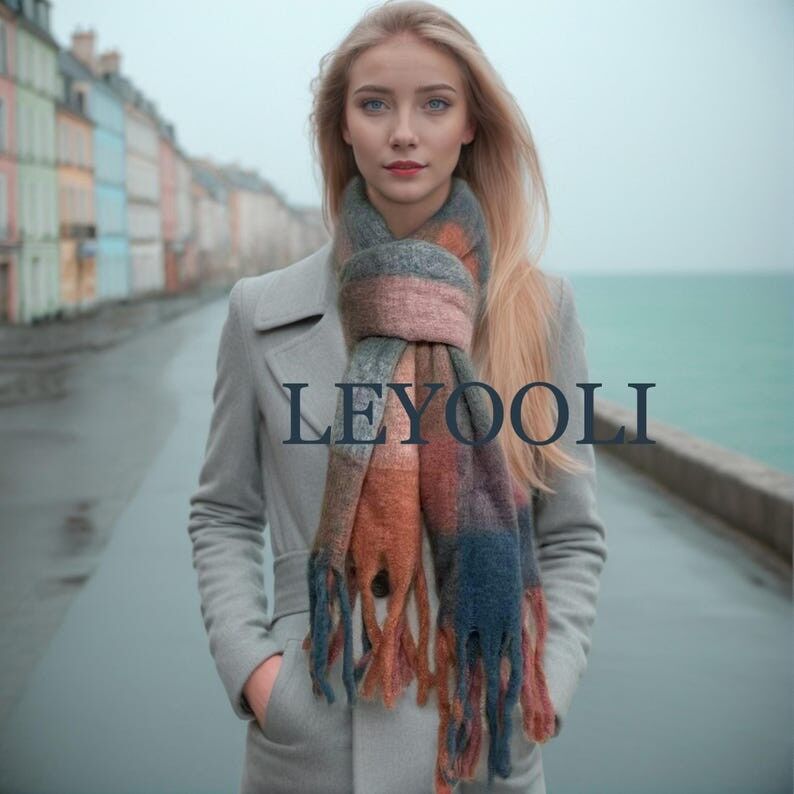 Bufanda reversible de mohair a cuadros, chal con borlas naranja y azul