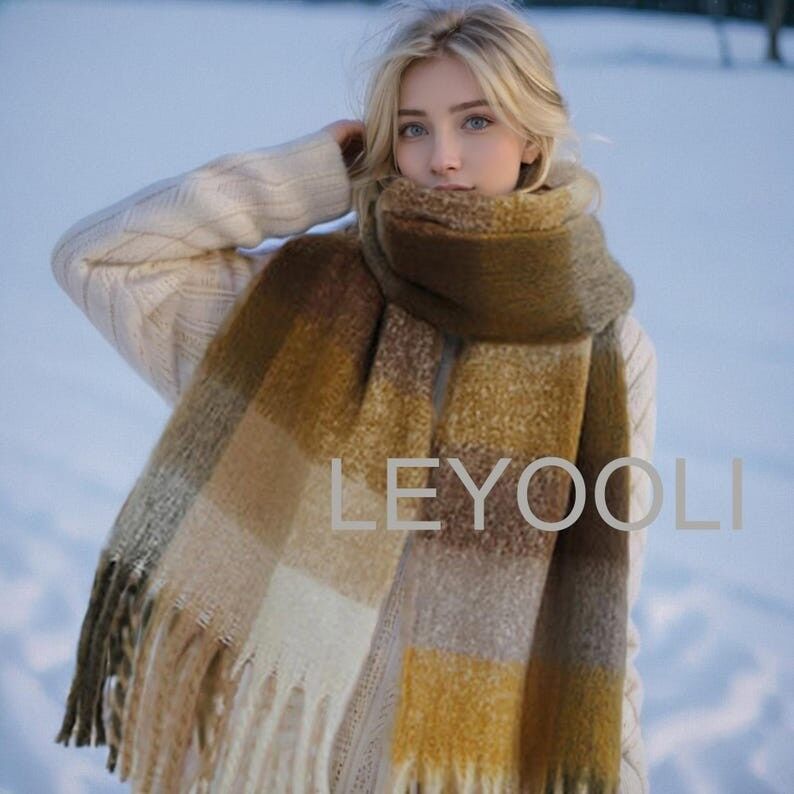 Sciarpa scozzese in mohair marrone, scialle autunno-inverno (37 cm x 210 cm)