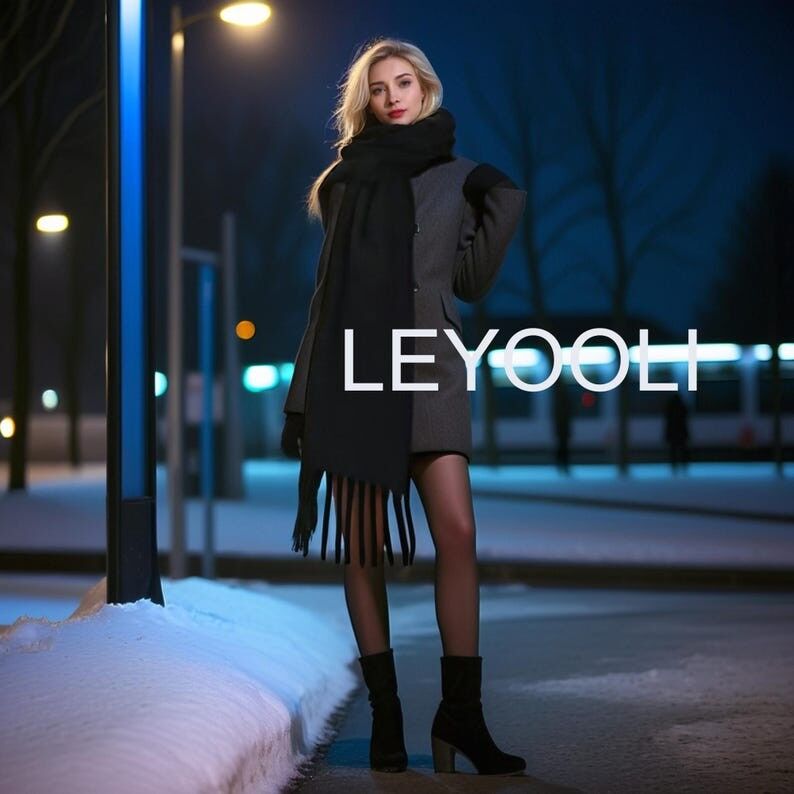 Sciarpa con nappe in misto mohair nero, sciarpa calda invernale (200 cm*45 cm)