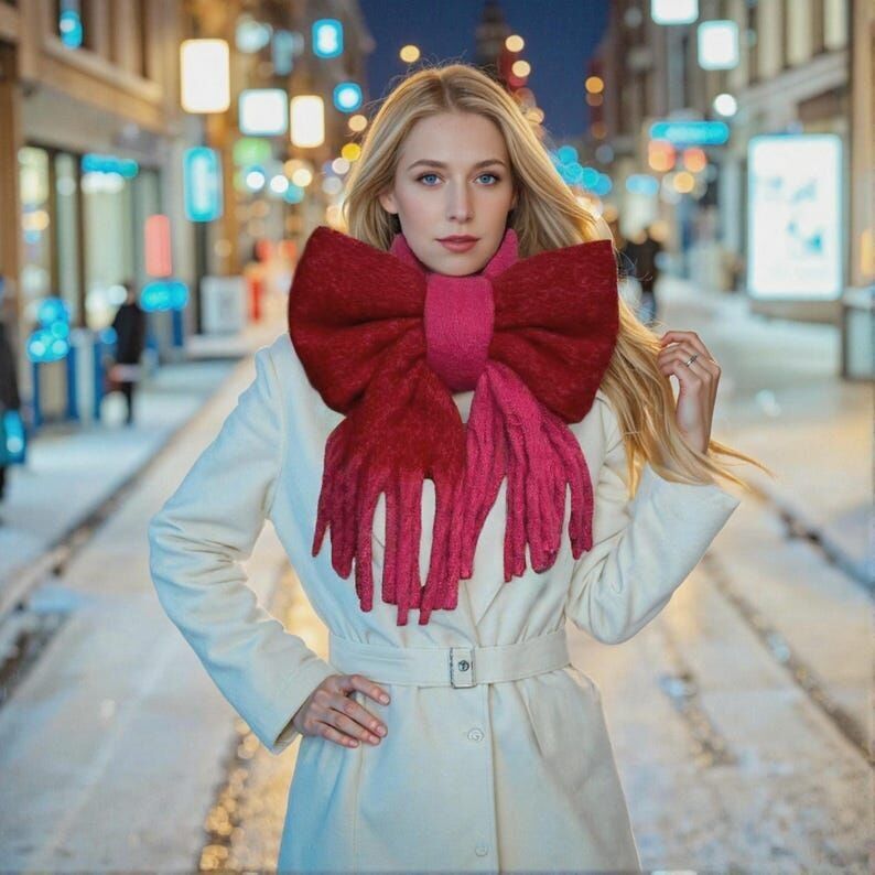 Bufanda de mohair rosa y rojo: chal largo de invierno con borlas