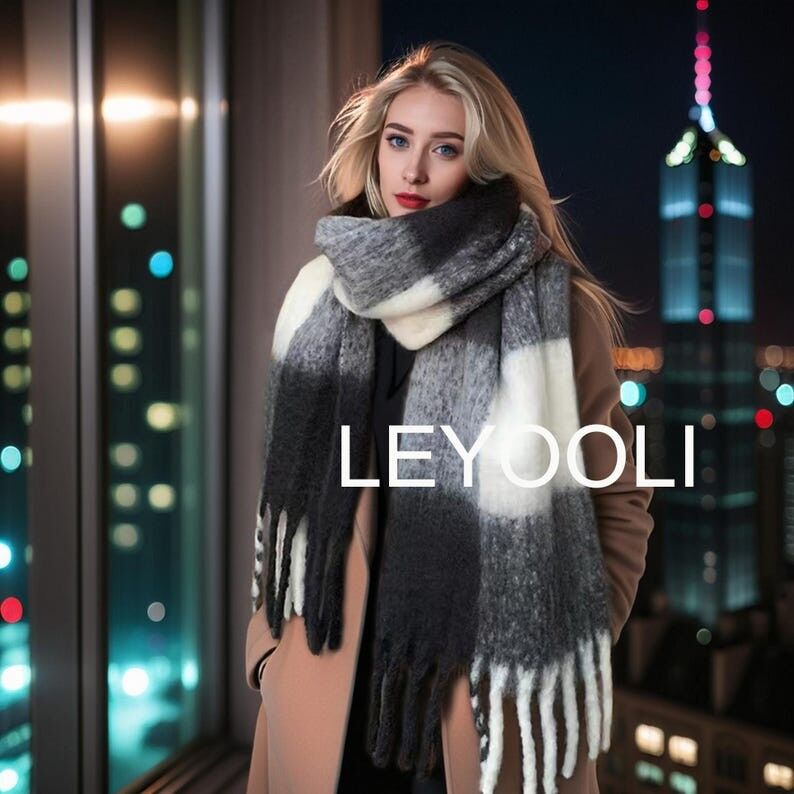 Sciarpa scozzese in mohair, sfumatura nera, bianca e grigia, scialle invernale con frange