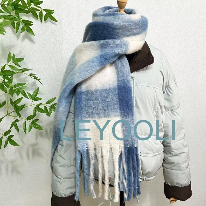 Bufanda de mohair a cuadros azules, chal cálido de invierno