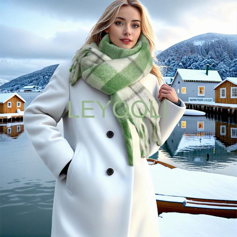 Bufanda de mohair a cuadros verdes con flecos y borlas, accesorios de invierno