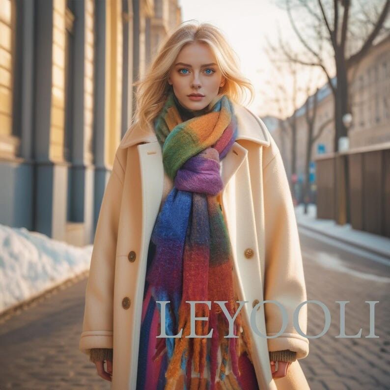 Bufanda de mohair con cuadros arcoíris y diseño de borlas para invierno