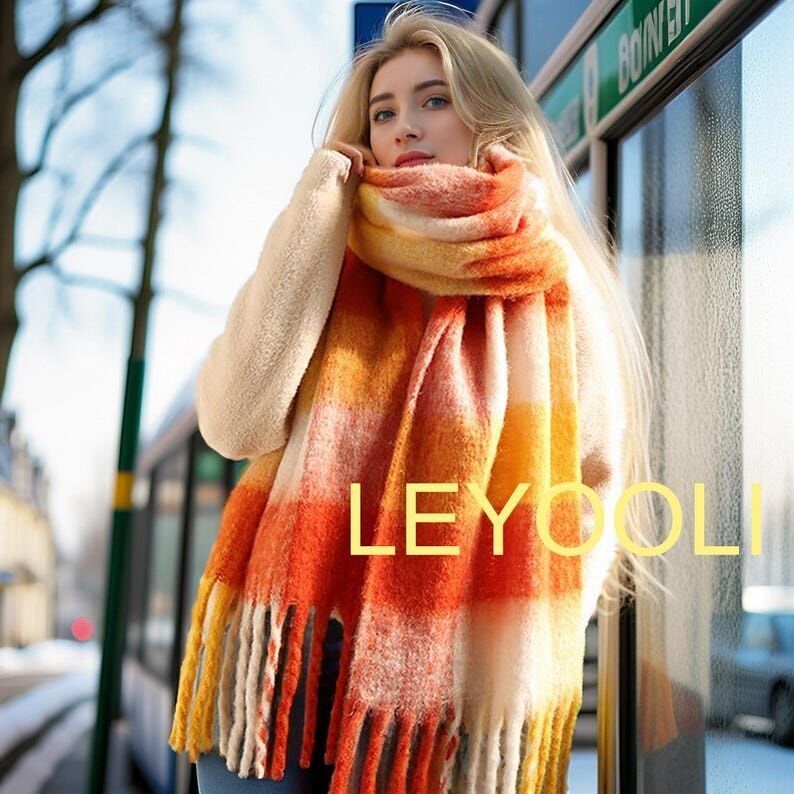 Bufanda reversible de mohair a cuadros naranja, chal cálido para el invierno
