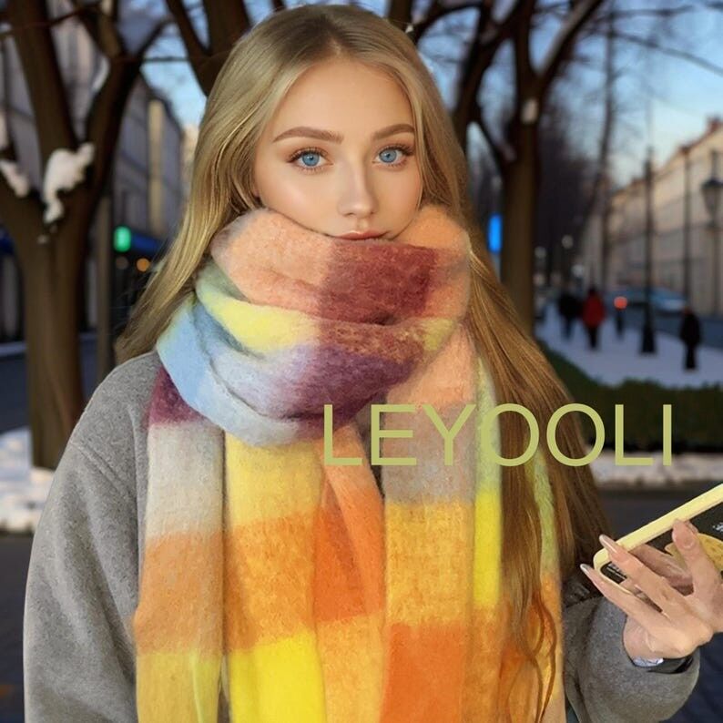 Bufanda de cuadros de mohair arcoíris: chal con borlas amarillas