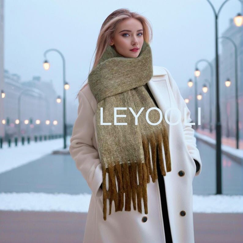 Bufanda de lana de mohair | Chal vintage marrón degradado con flecos