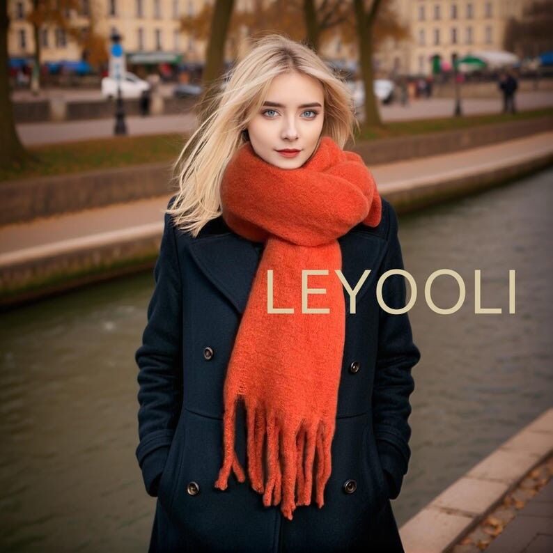 Bufanda de mezcla de lana y mohair naranja, bufanda con borlas de invierno