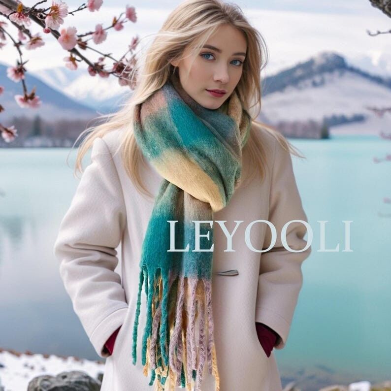 Bufanda de mohair a cuadros, chal con borlas cálido para el invierno