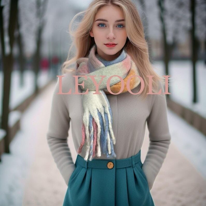 Bufanda de mohair a cuadros azul claro, chal con borlas cálido para el invierno