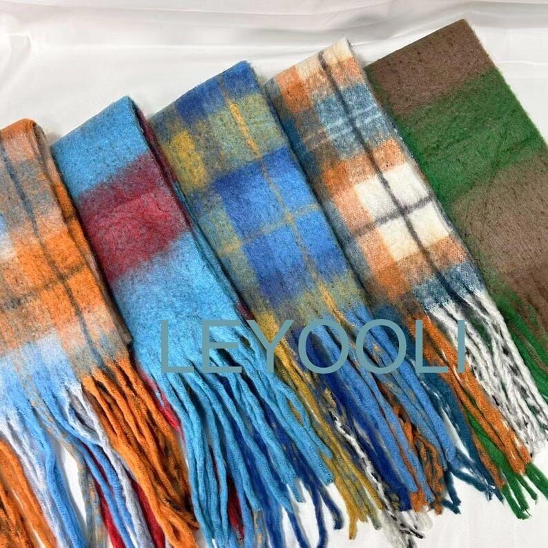 Bufanda de mohair con cuadros arcoíris, chal cálido de invierno