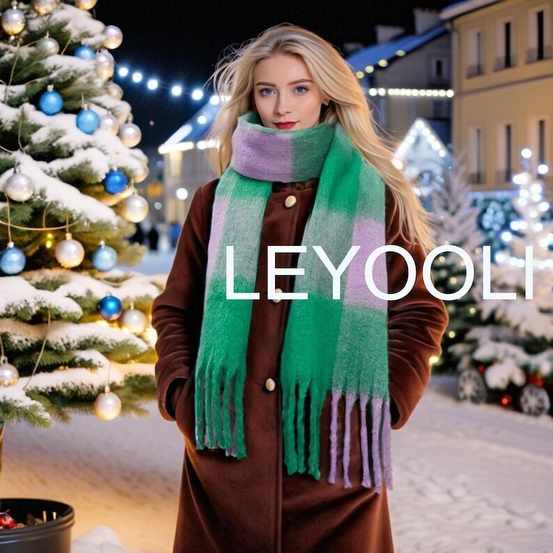 Bufanda de mohair a cuadros verde y morado hecha a mano, chal con flecos degradados