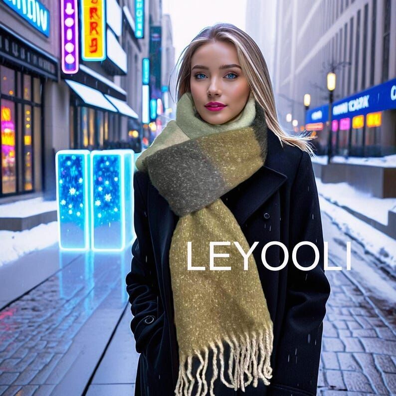 Bufanda de mohair a rayas con borlas, bufanda de invierno verde y gris