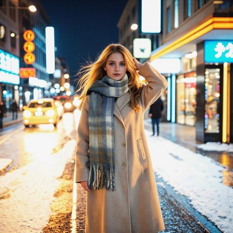 Bufanda de mohair a cuadros azules suaves: un abrigo de invierno acogedor con detalles en beige y blanco