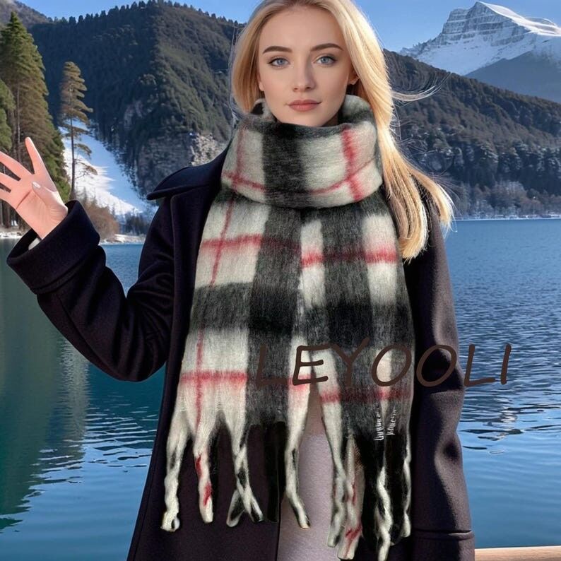 Bufanda vintage de mohair a cuadros rojos | Cuello cálido para el invierno