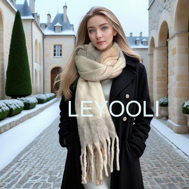 Bufanda de mohair a cuadros amarilla, chal con borlas beige