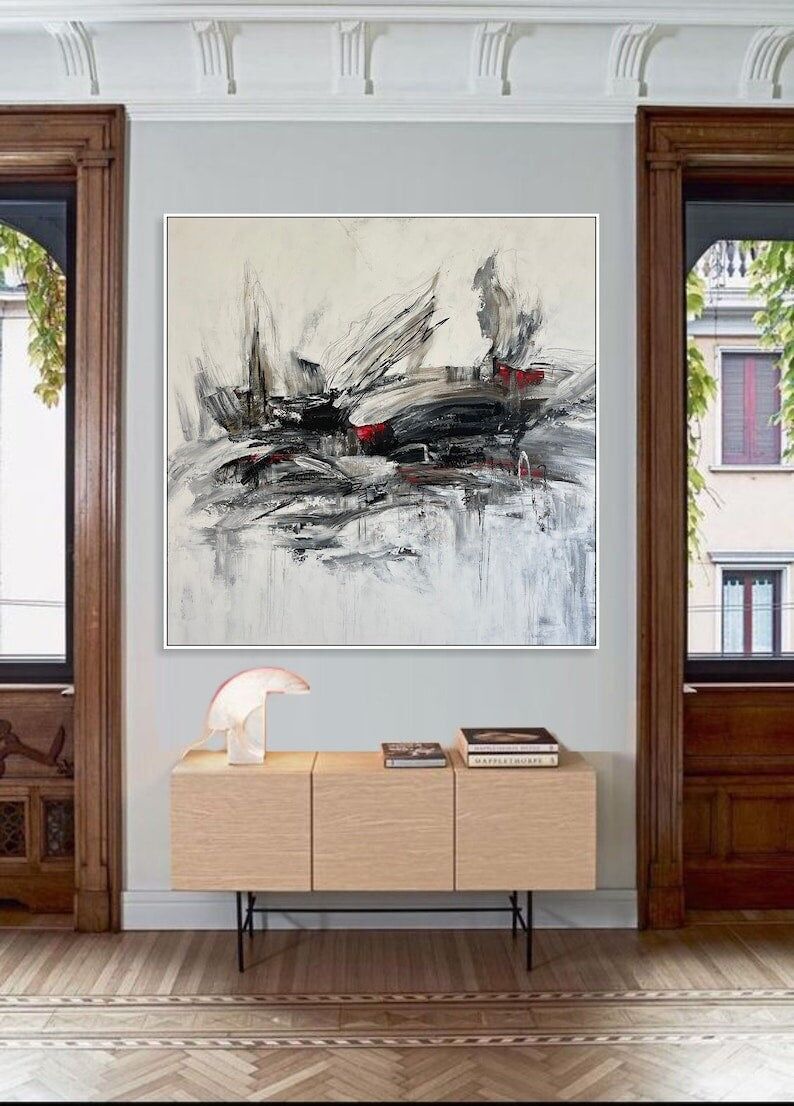Grande peinture abstraite en noir et blanc – Toile texturée moderne avec accents rouges
