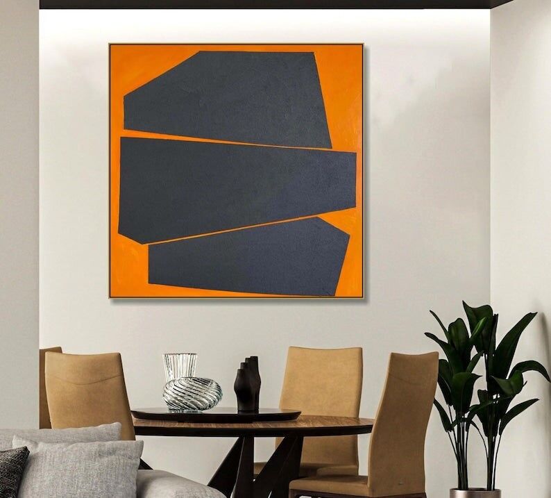 Grande toile décorative noire et orange – Peinture abstraite géométrique minimaliste, style moderne et audacieux