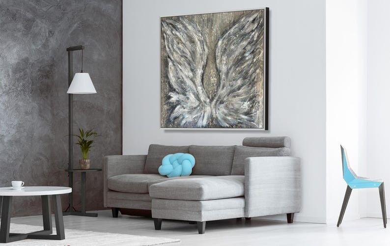 Tableau d'ailes d'ange – Art mural abstrait texturé sur toile, décoration intérieure moderne et neutre gris argenté