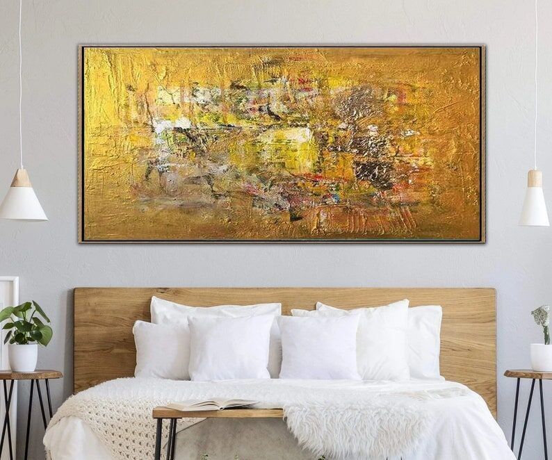 Grande peinture abstraite dorée – Toile à l'huile texturée moderne