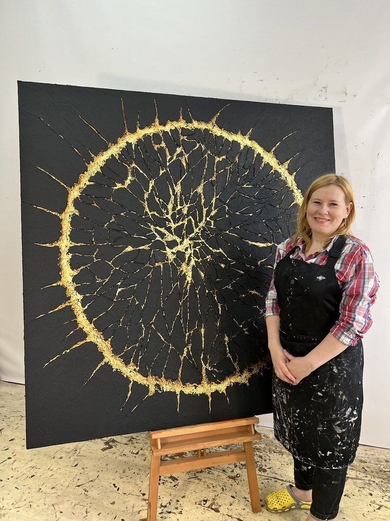 Peinture abstraite circulaire or et noir : toile acrylique texturée