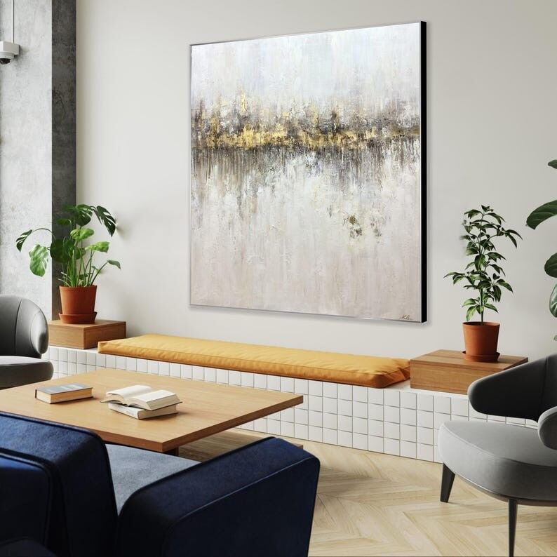 Peinture abstraite or et blanc sur toile : Art mural moderne fait main