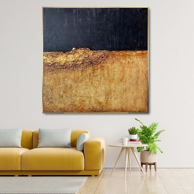 Tableau abstrait or et noir – Grande toile texturée minimaliste pour une décoration moderne et élégante