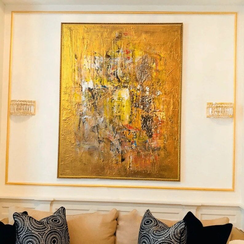 Grande peinture abstraite dorée : toile texturée moderne