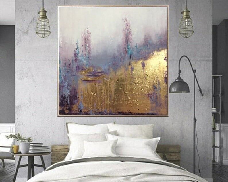 Peinture abstraite de forêt : Feuille d'or, œuvre d'art moderne rose