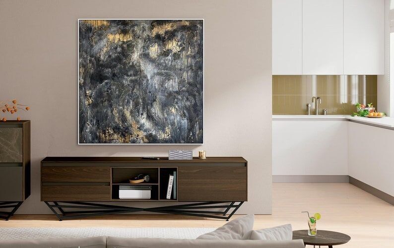Tableau abstrait texturé – Décoration murale moderne noire, or et grise, toile métallisée de luxe