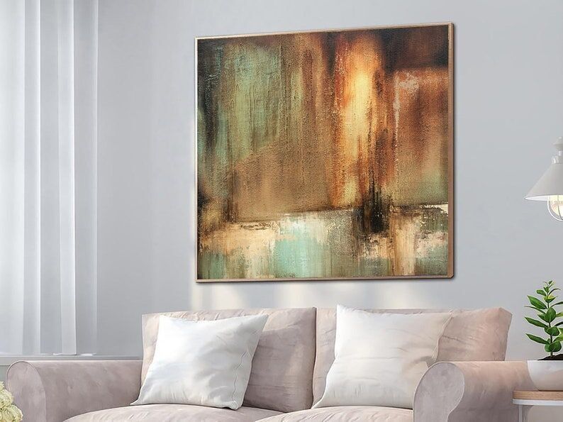 Peinture abstraite texturée : Acrylique marron et jaune sur toile