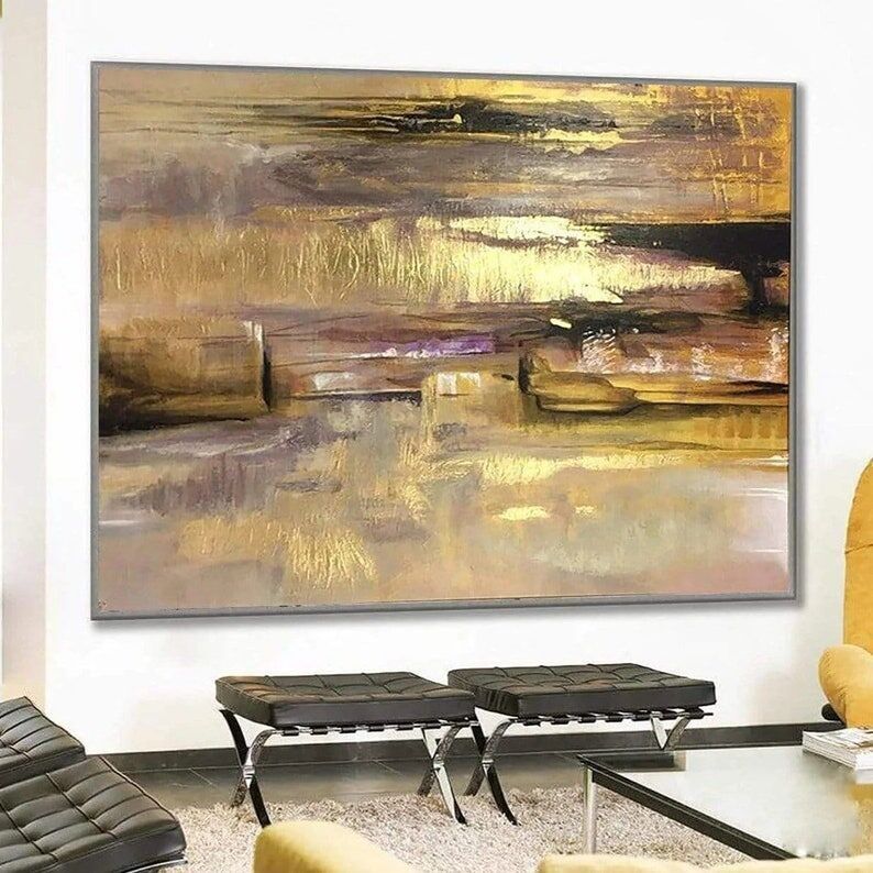 Grande peinture abstraite à la feuille d'or – Décoration murale luxueuse à la texture métallique sur toile pour un salon moderne