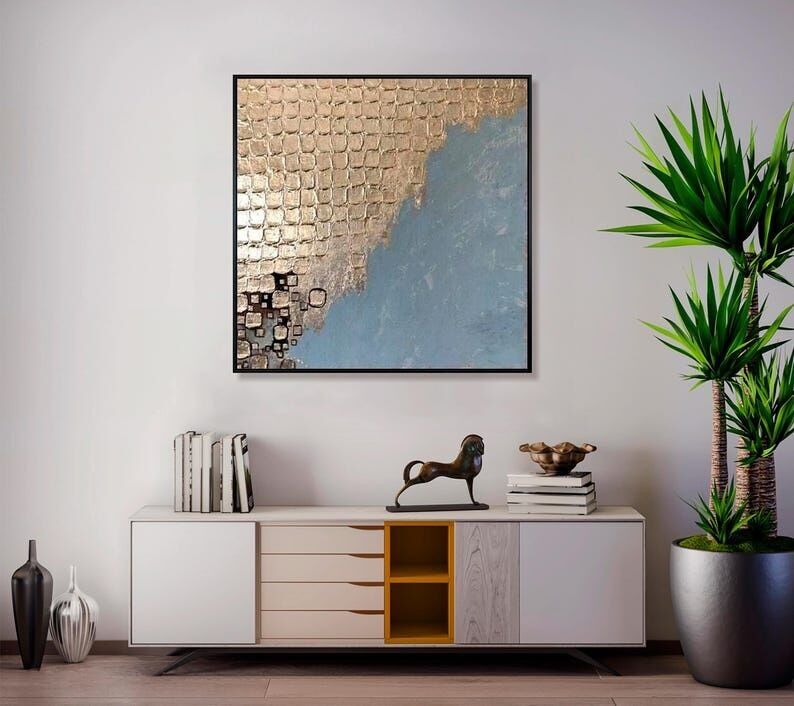 Peinture abstraite texturée à la feuille d'or – Art mural 3D gris métallisé sur toile