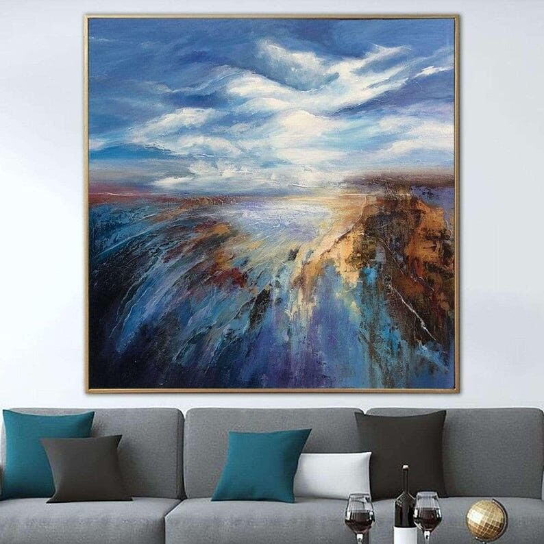 Tableau abstrait océan – Décoration murale sur toile représentant un ciel bleu et une falaise côtière