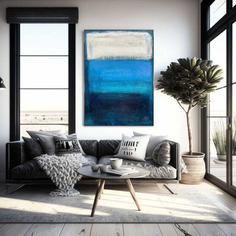 Tableau abstrait minimaliste bleu sur toile | Art mural moderne inspiré de l'océan