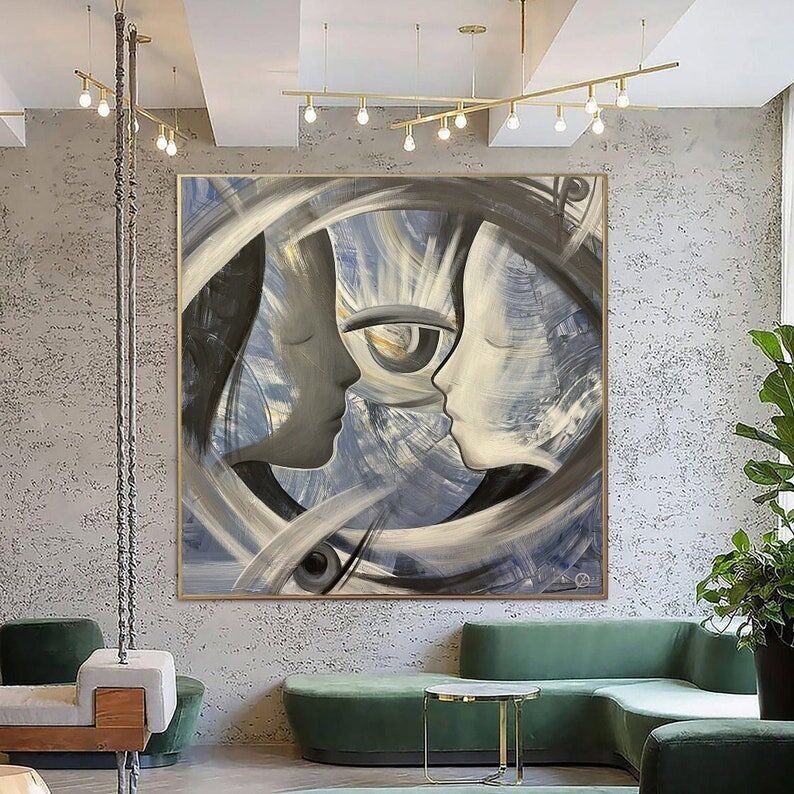 Peinture de visage Yin Yang – Art du portrait expressionniste abstrait dans les tons gris et bleus