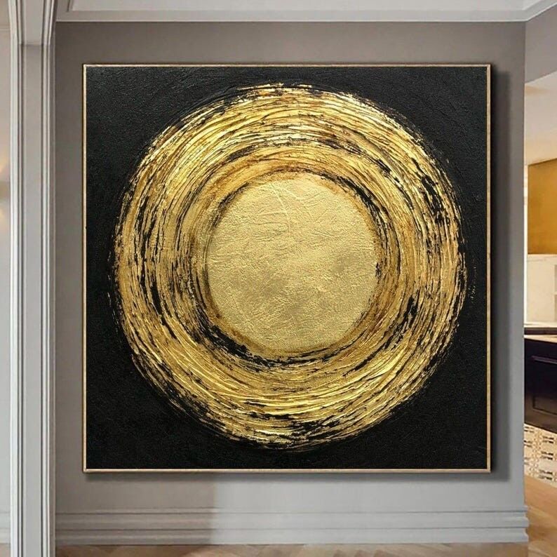 Tableau abstrait noir et or sur toile avec effet de coulures de cercles dorés | Art mural abstrait noir et or