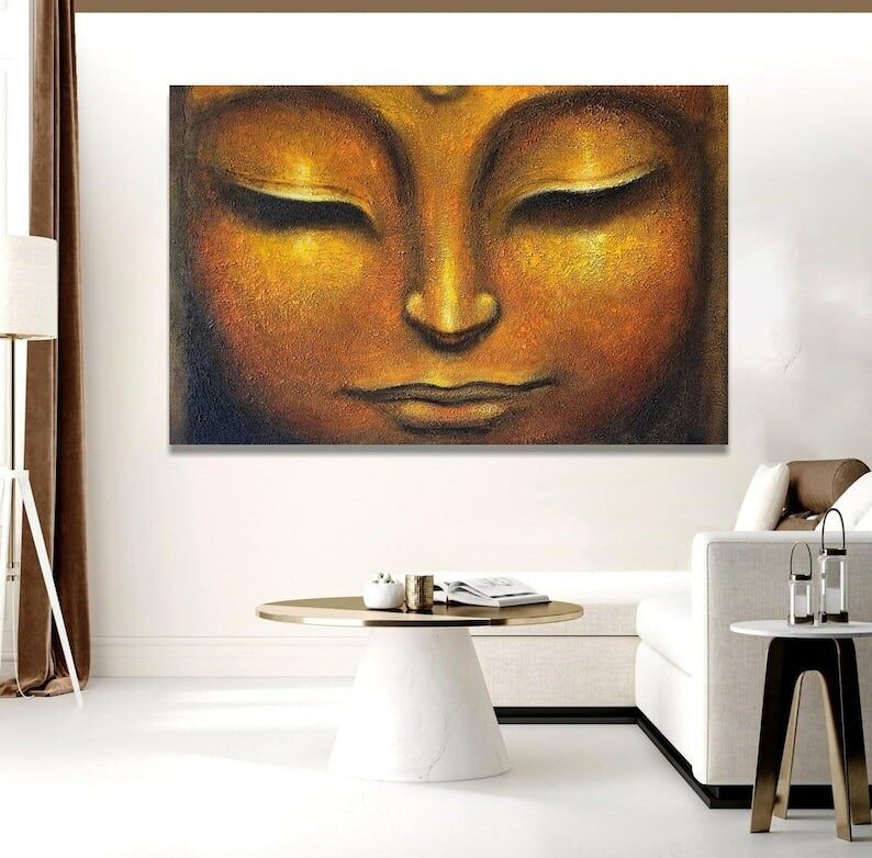 Golden Buddha Face Painting – Zen Spiritual Canvas Wall Art, Tranquil Asian-Inspired Decor