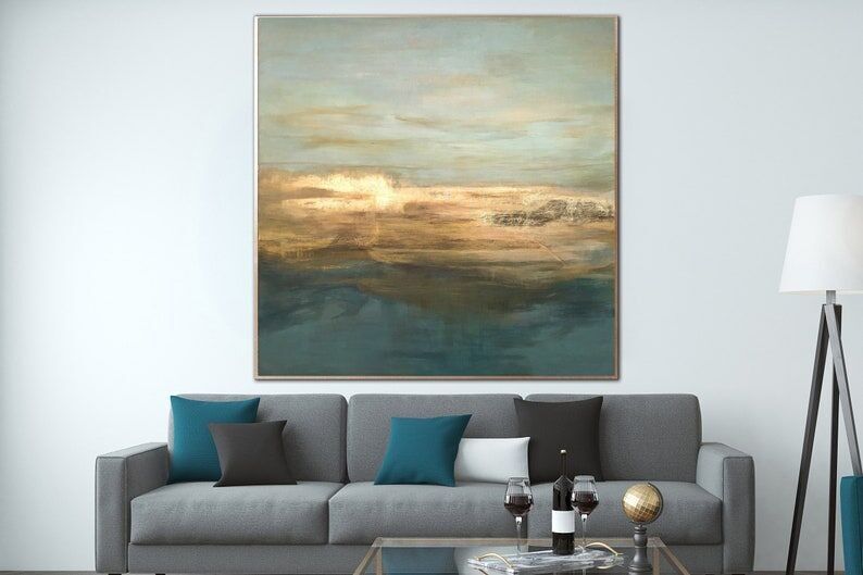 Abstract Landscape Painting Gold Blue – Soft Canvas Wall Art